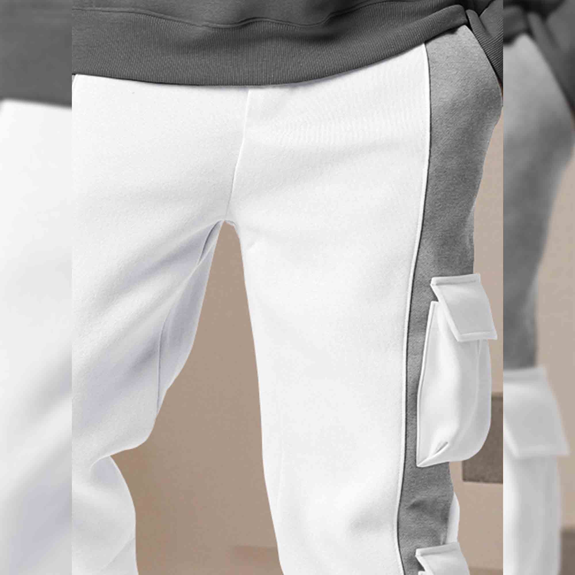 Mens Colorblocked 6 Pockets Cargo Jogger / White & Grey