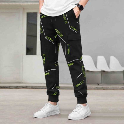 Mens All Over Print Multi Pockets Black Cargo Jogger