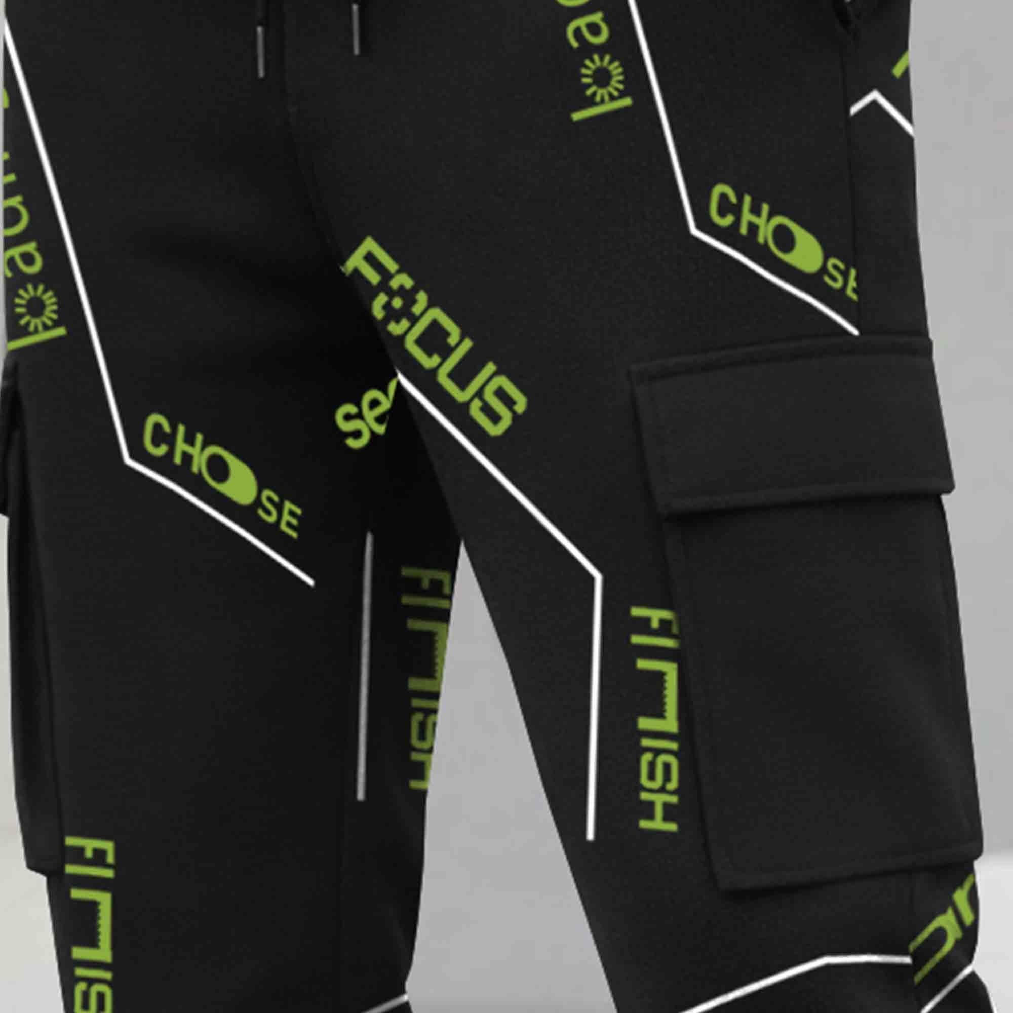 Mens All Over Print Multi Pockets Black Cargo Jogger