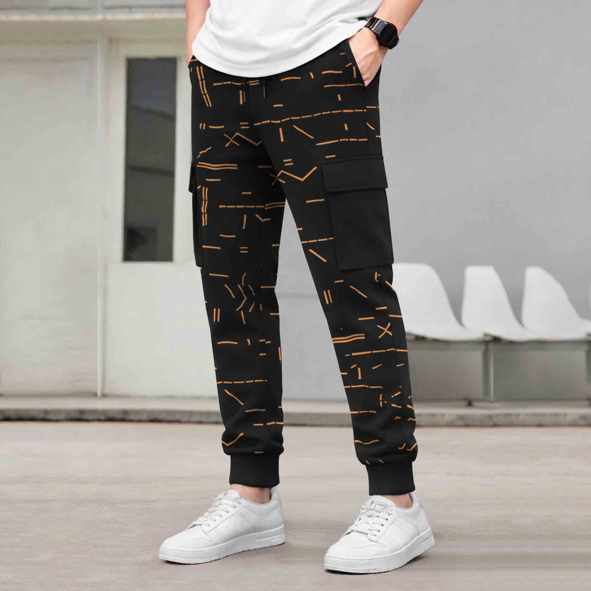 Mens All Over Print Multi Pockets Black Cargo Jogger
