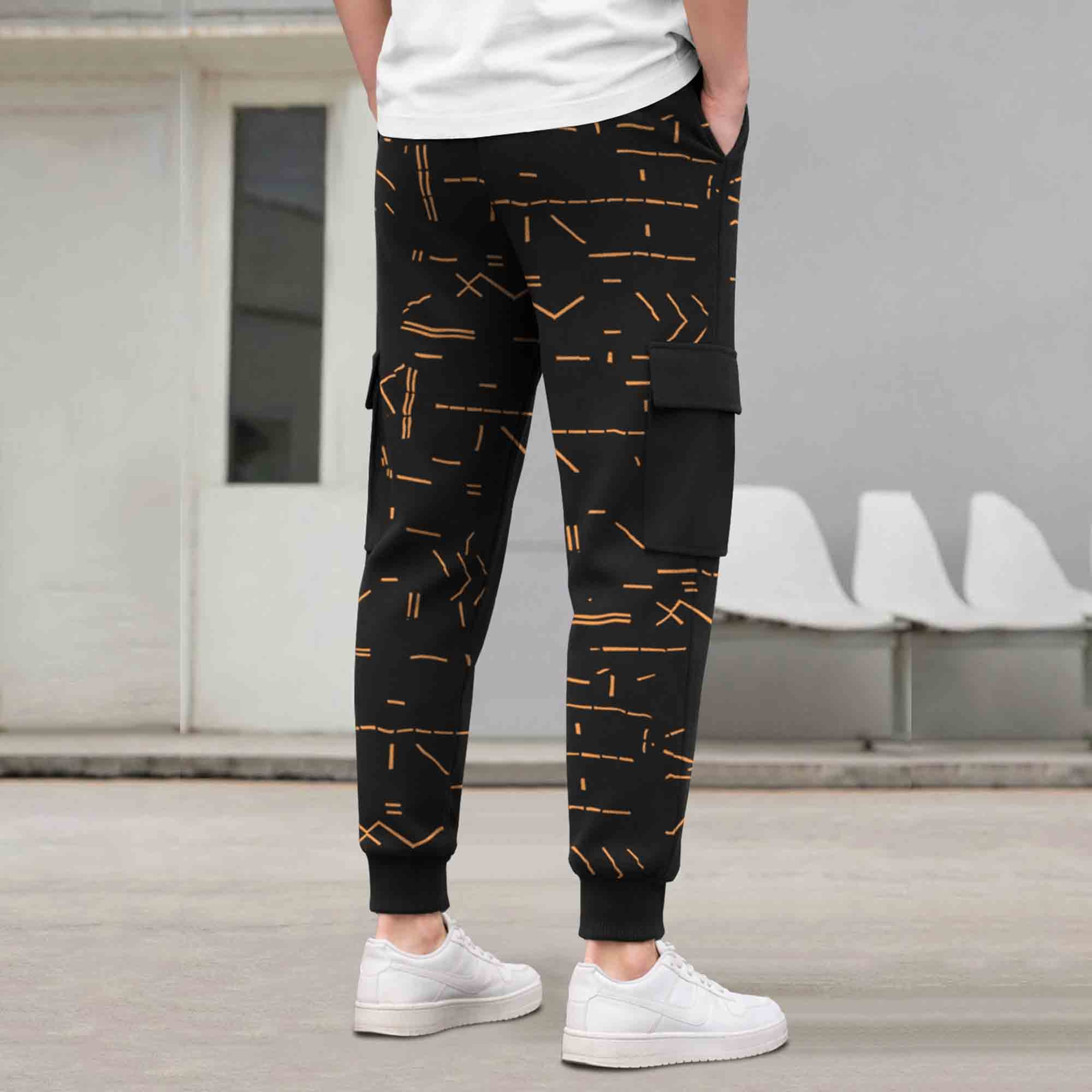 Mens All Over Print Multi Pockets Black Cargo Jogger