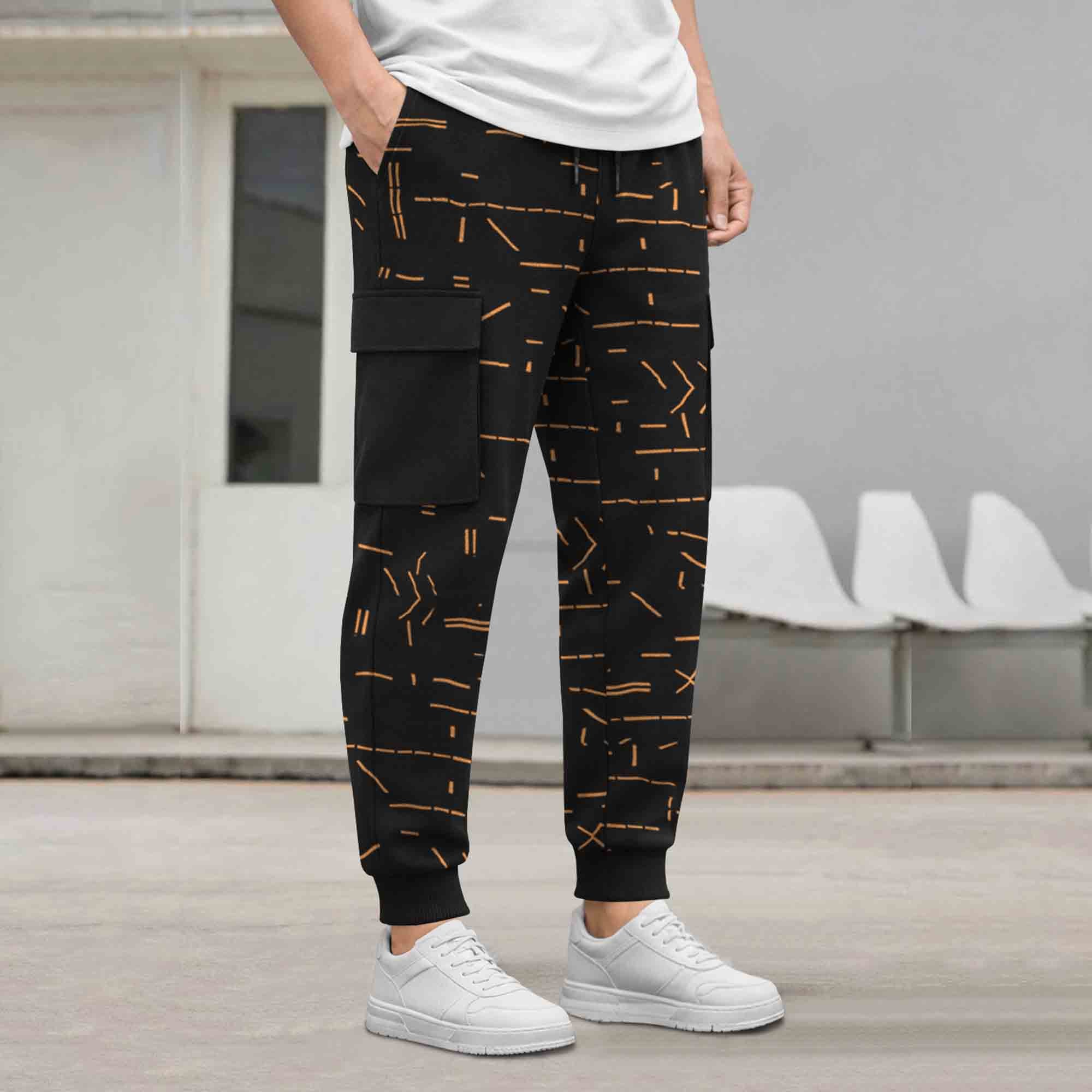 Mens All Over Print Multi Pockets Black Cargo Jogger