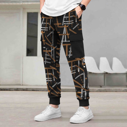 Mens All Over Print Multi Pockets Black & Brown Cargo Jogger