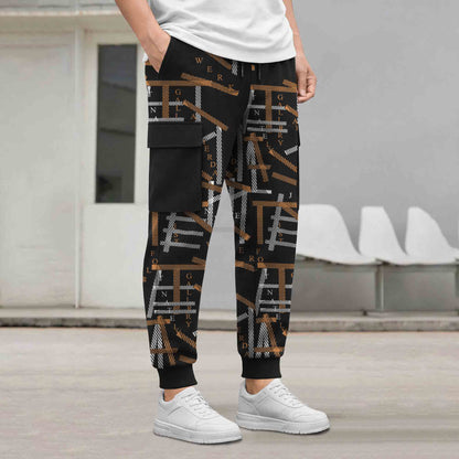 Mens All Over Print Multi Pockets Black & Brown Cargo Jogger