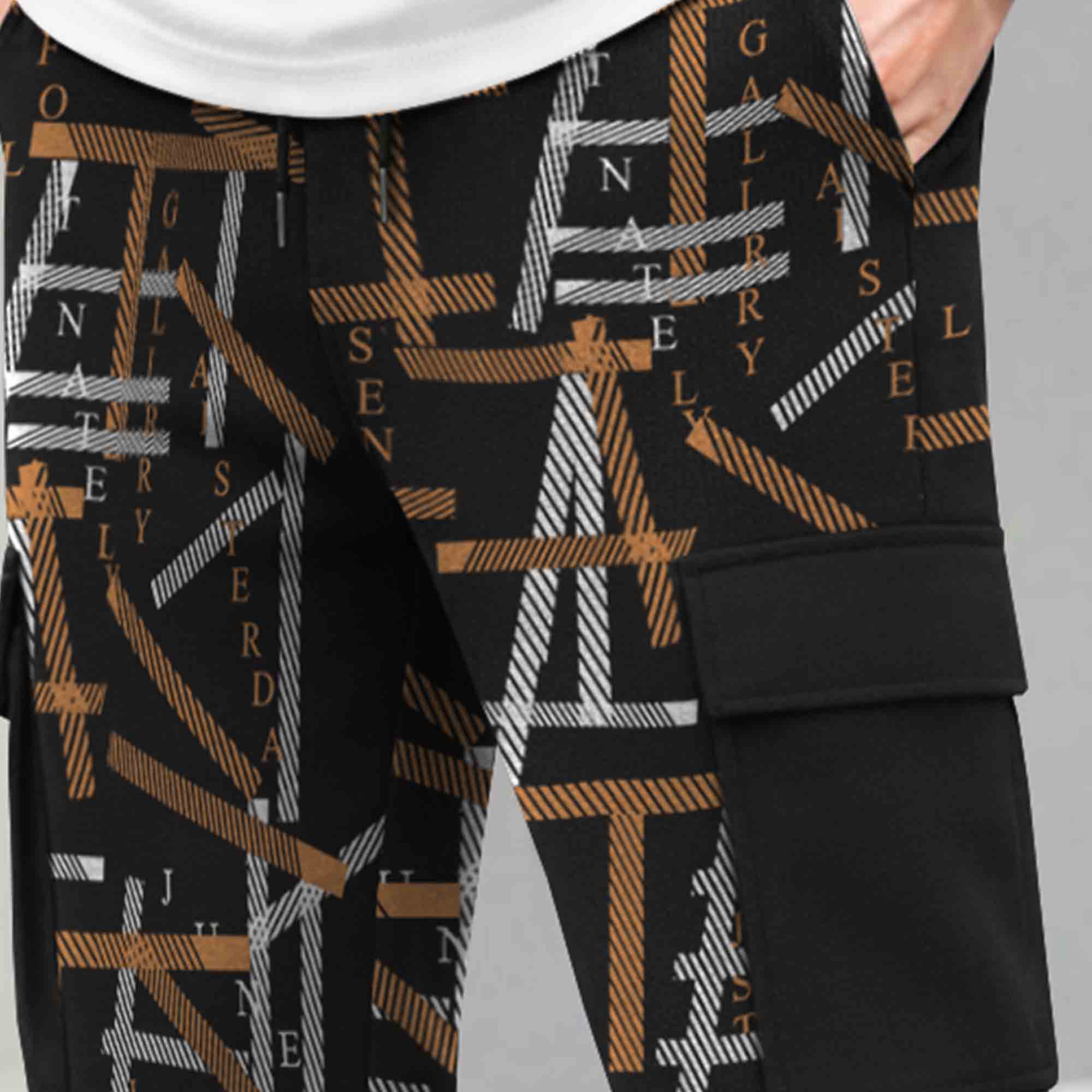 Mens All Over Print Multi Pockets Black & Brown Cargo Jogger