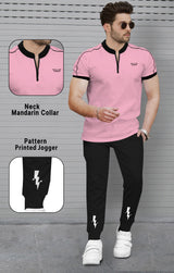 mens tracksuit - Henley Neck Half Sleeve Pink T-shirt & Black Jogger