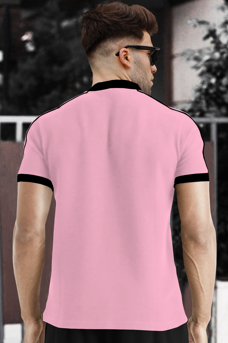 mens tracksuit - Henley Neck Half Sleeve Pink T-shirt & Black Jogger