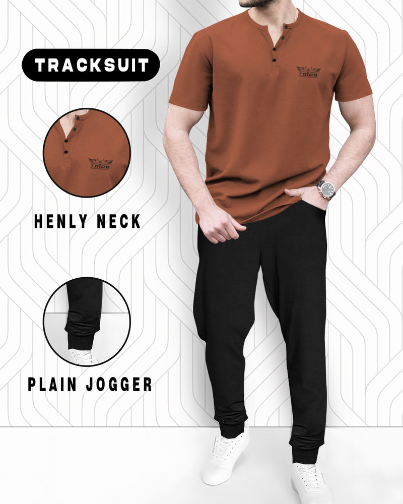 (Brown & Black - Tracksuit)- Half Sleeve Henley Neck T-shirt with Black Jogger Pant