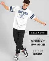 Men Tracksuit - White Printed Drop Shoulder TSHIRT  - BLACK JOGGER