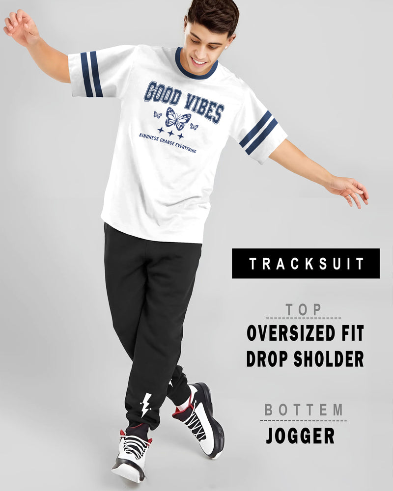 Men Tracksuit - White Printed Drop Shoulder TSHIRT  - BLACK JOGGER