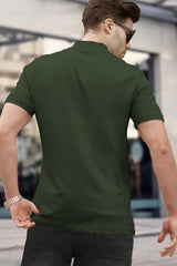 Men Olivegreen Short Sleeve Zip Neck plain T-Shirt