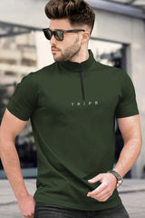 Men Olivegreen Short Sleeve Zip Neck plain T-Shirt