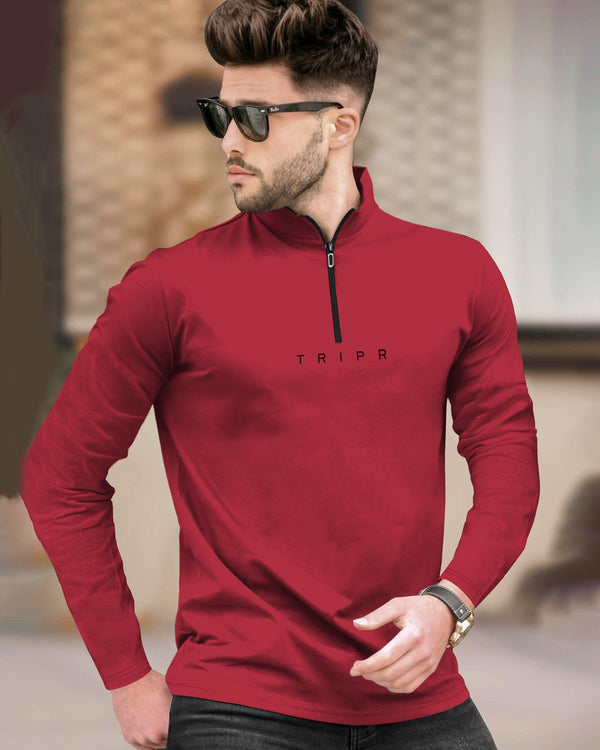 Men Solid Zip Neck Red T-Shirt