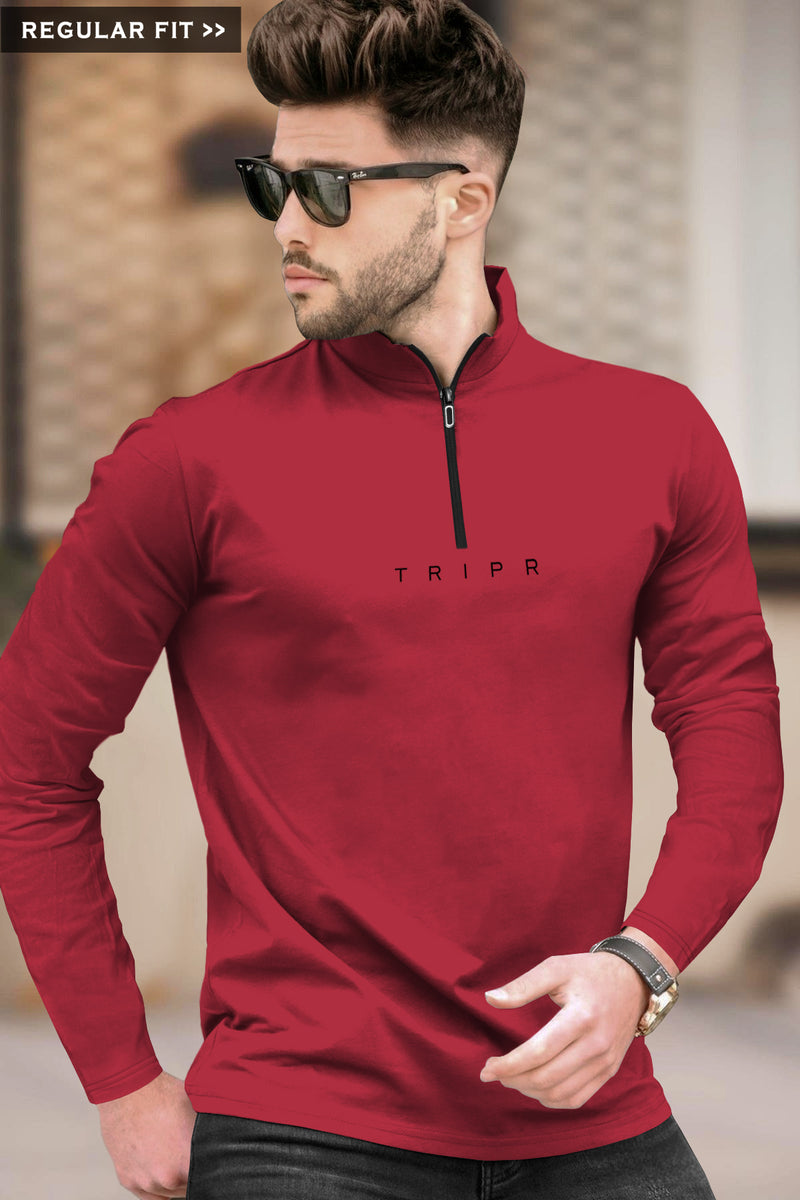 Men Solid Zip Neck Red T-Shirt