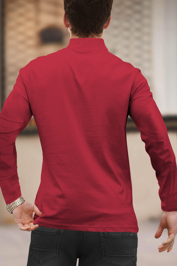 Men Solid Zip Neck Red T-Shirt