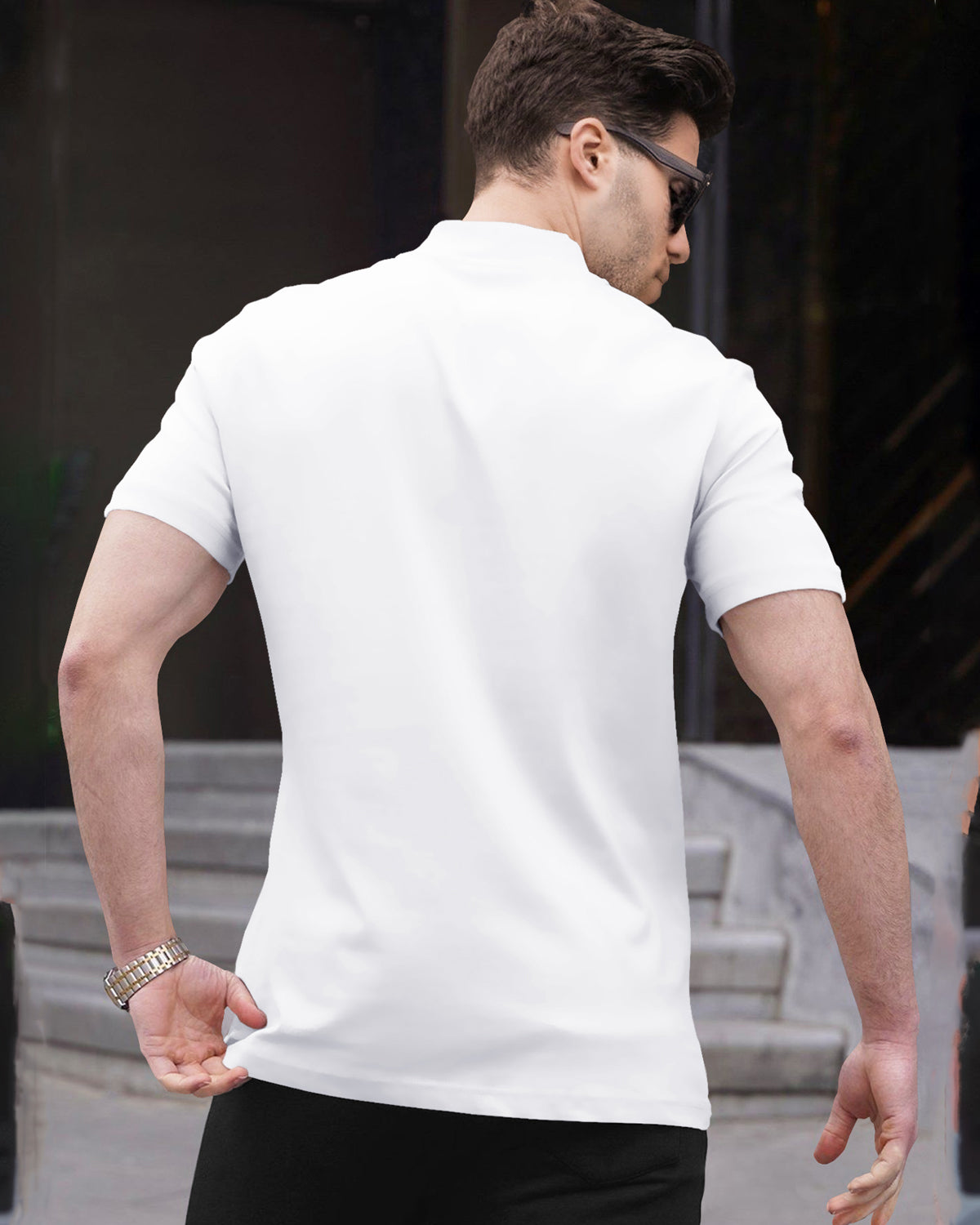 Men White Half Sleeve High Neck Quarter Zip T-Shirt