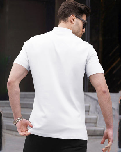 Men White Half Sleeve High Neck Quarter Zip T-Shirt