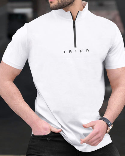Men White Half Sleeve High Neck Quarter Zip T-Shirt