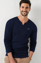 Men Solid V Neck Cotton Blend Navy Blue T-Shirt