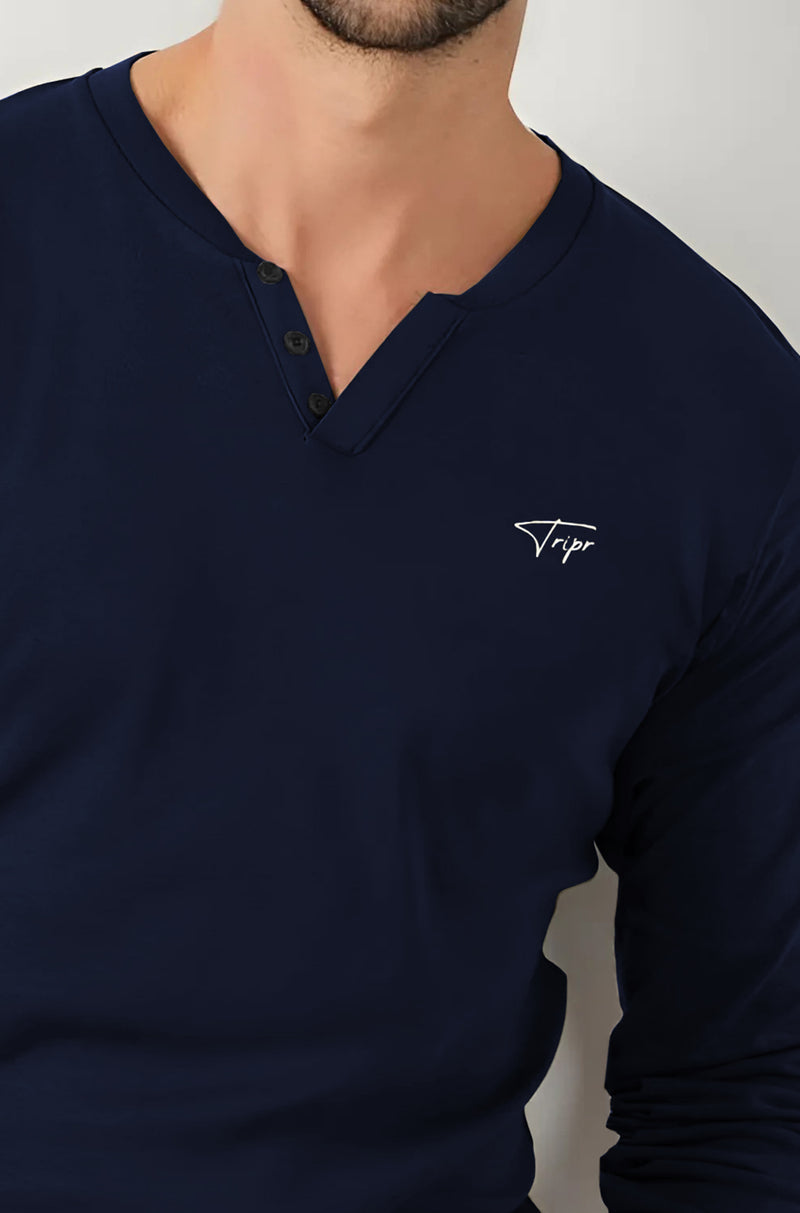 Men Solid V Neck Cotton Blend Navy Blue T-Shirt