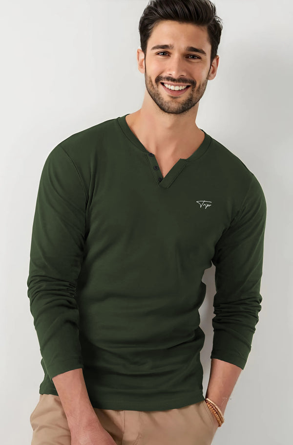 Men Solid V Neck Cotton Blend Olive Green T-Shirt