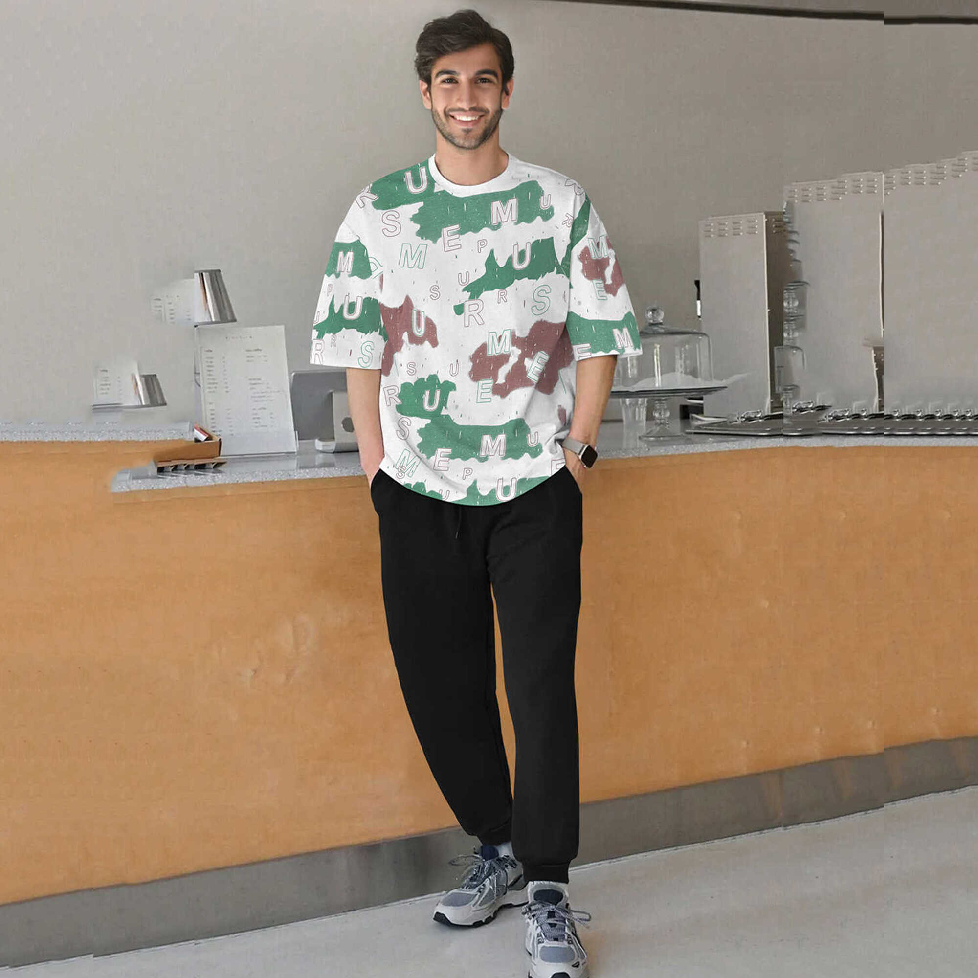tracksuit oversized green printed t-shirt with plain black trackpant