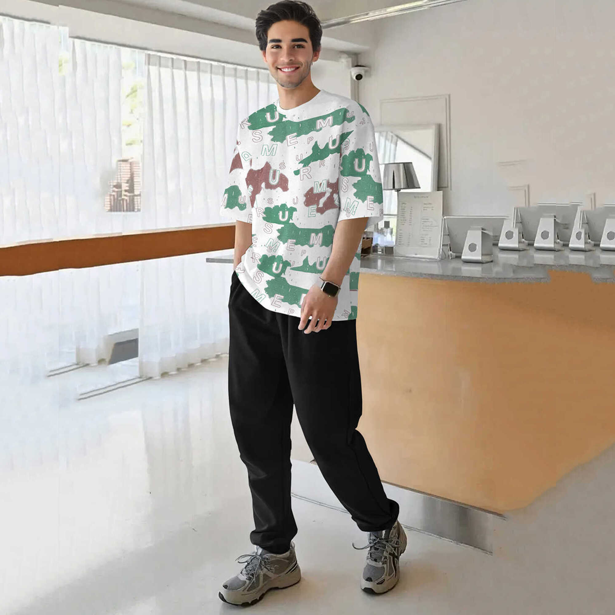 tracksuit oversized green printed t-shirt with plain black trackpant