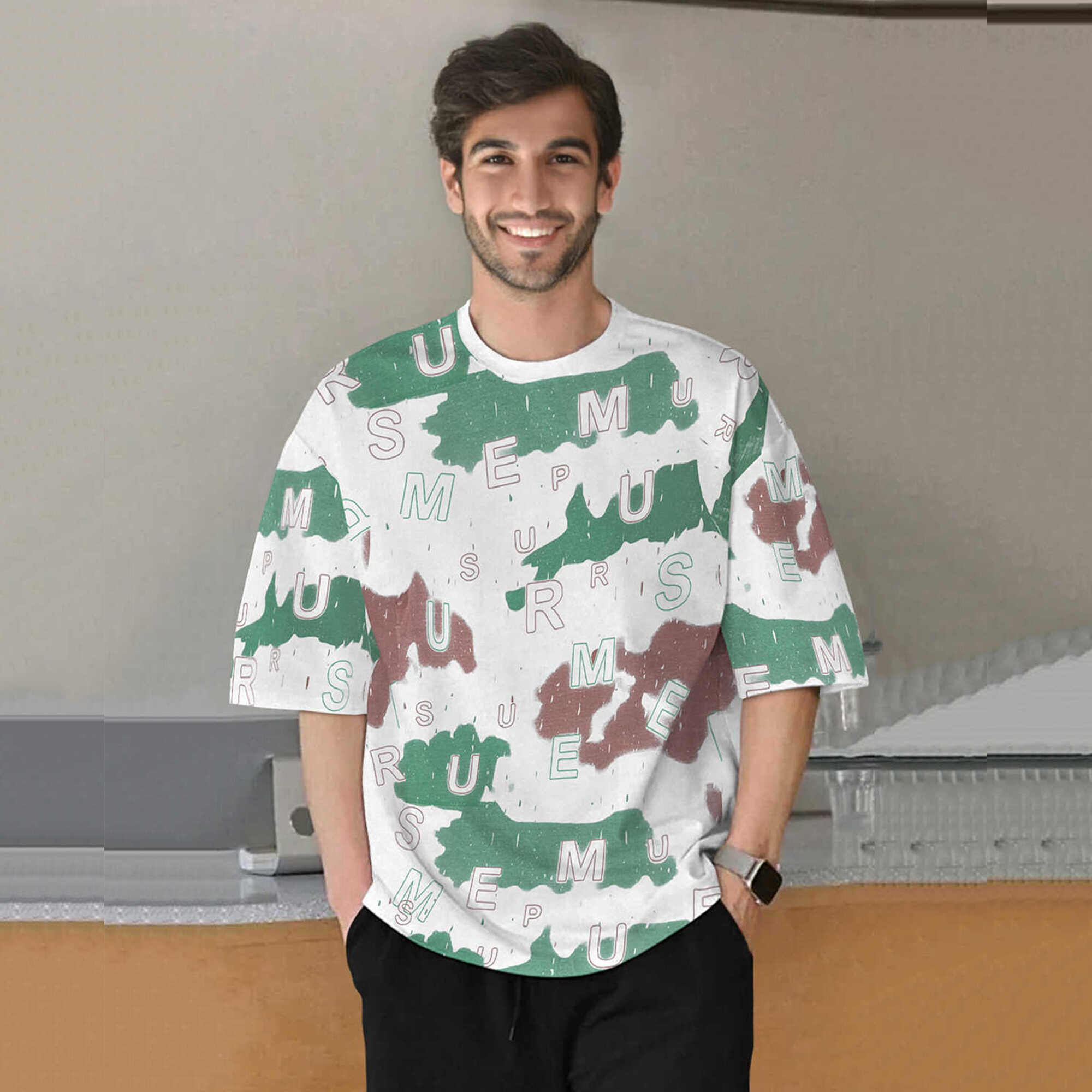 tracksuit oversized green printed t-shirt with plain black trackpant