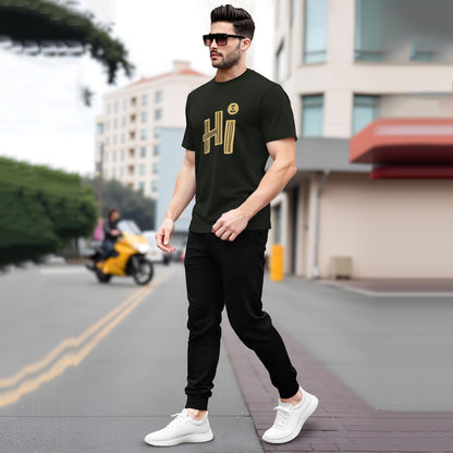 Tracksuit Men Olivegreen Half Sleeve Printed T-shirt Plain Black Trackpant