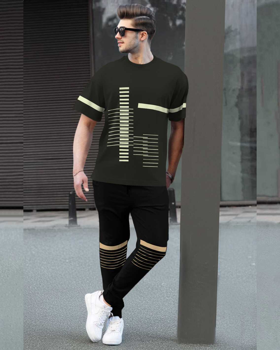 Track Suit Half Sleeve Olive Printed T-shirt with Black Printed Trackpant