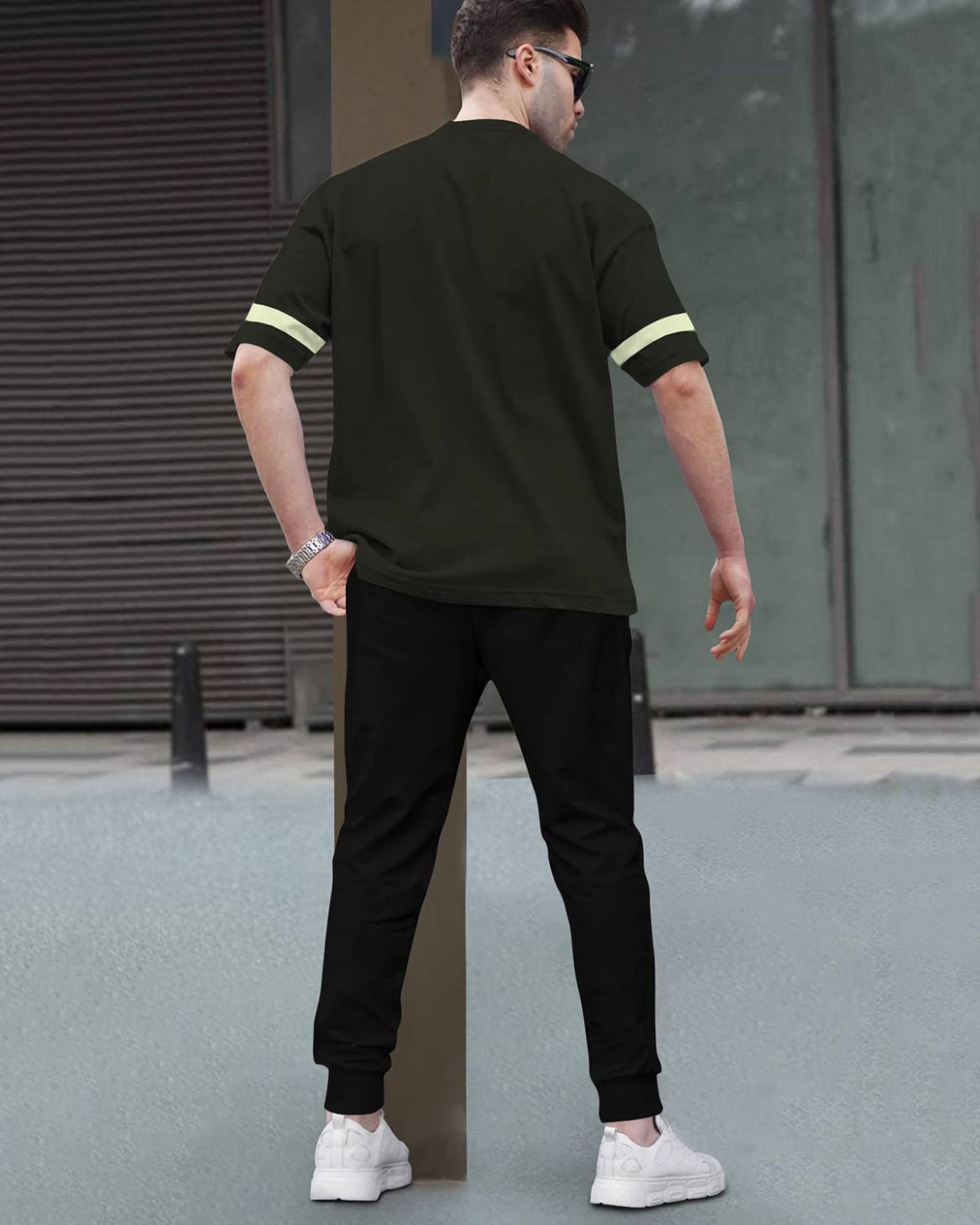 Track Suit Half Sleeve Olive Printed T-shirt with Black Printed Trackpant