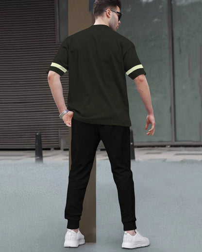 Track Suit Half Sleeve Olive Printed T-shirt with Black Printed Trackpant
