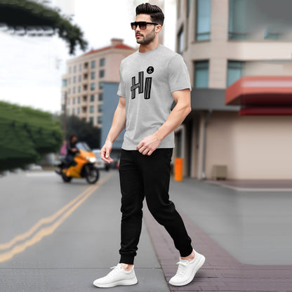Tracksuit Men Grey Half Sleeve Printed T-shirt Plain Black Trackpant