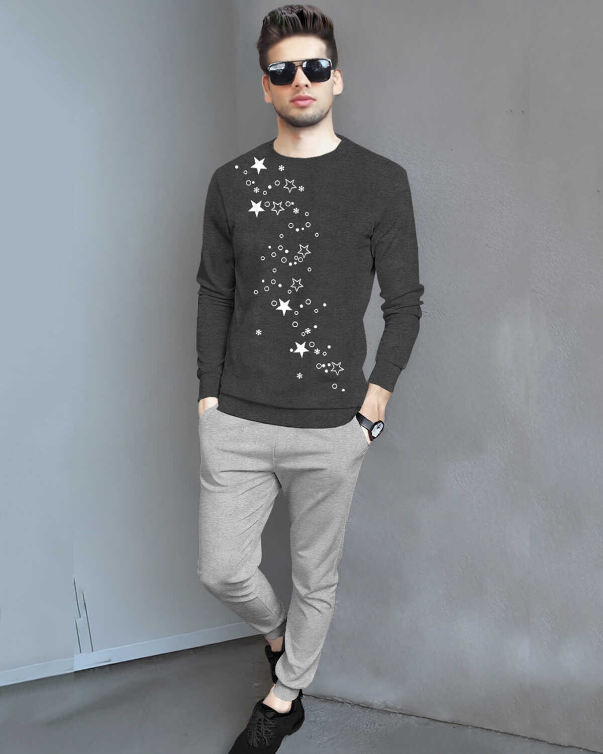 Tracksuit For Men Full Sleeve Printed Darkgrey T-shirt / Plain Grey Trackpant