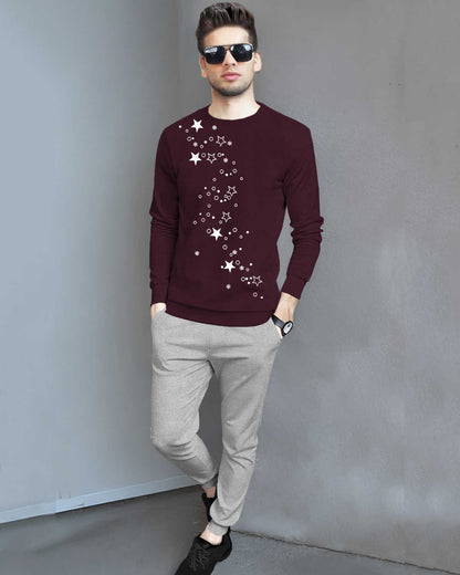 Tracksuit For Men Full Sleeve Printed Maroon T-shirt Plain Grey Trackpant