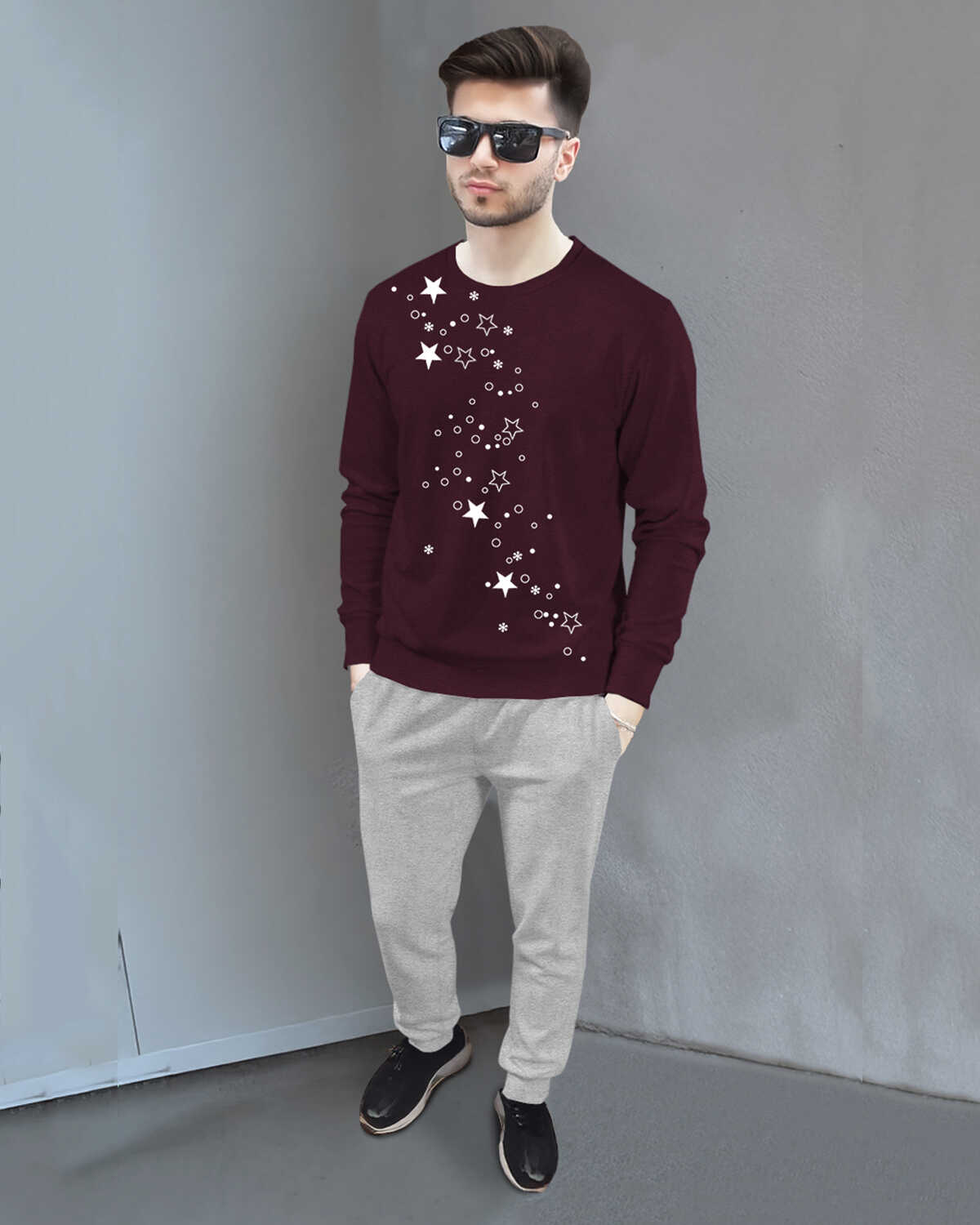 Tracksuit For Men Full Sleeve Printed Maroon T-shirt Plain Grey Trackpant