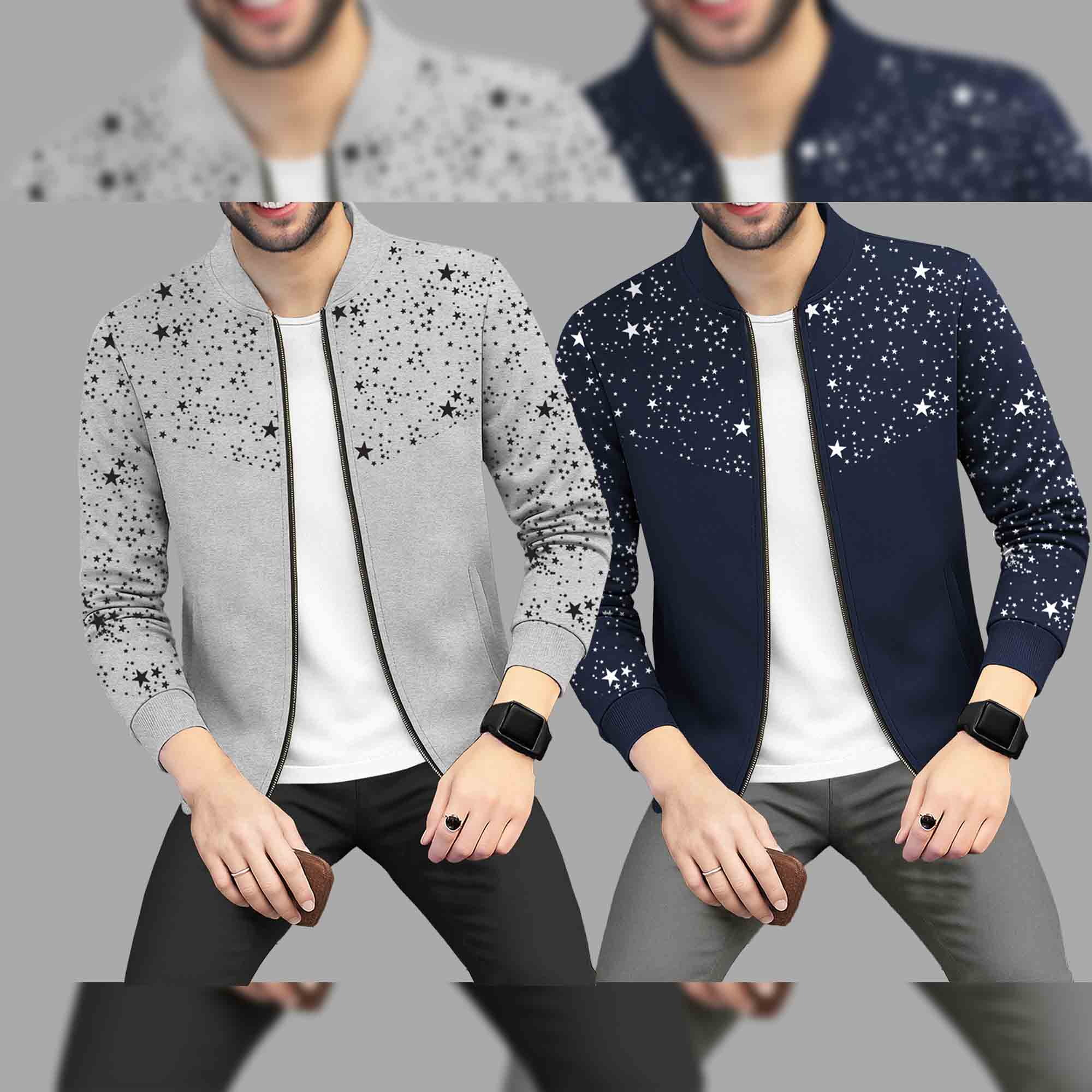 (Pack Of 2) Star Printed Round Neck Jacket Grey & Navy