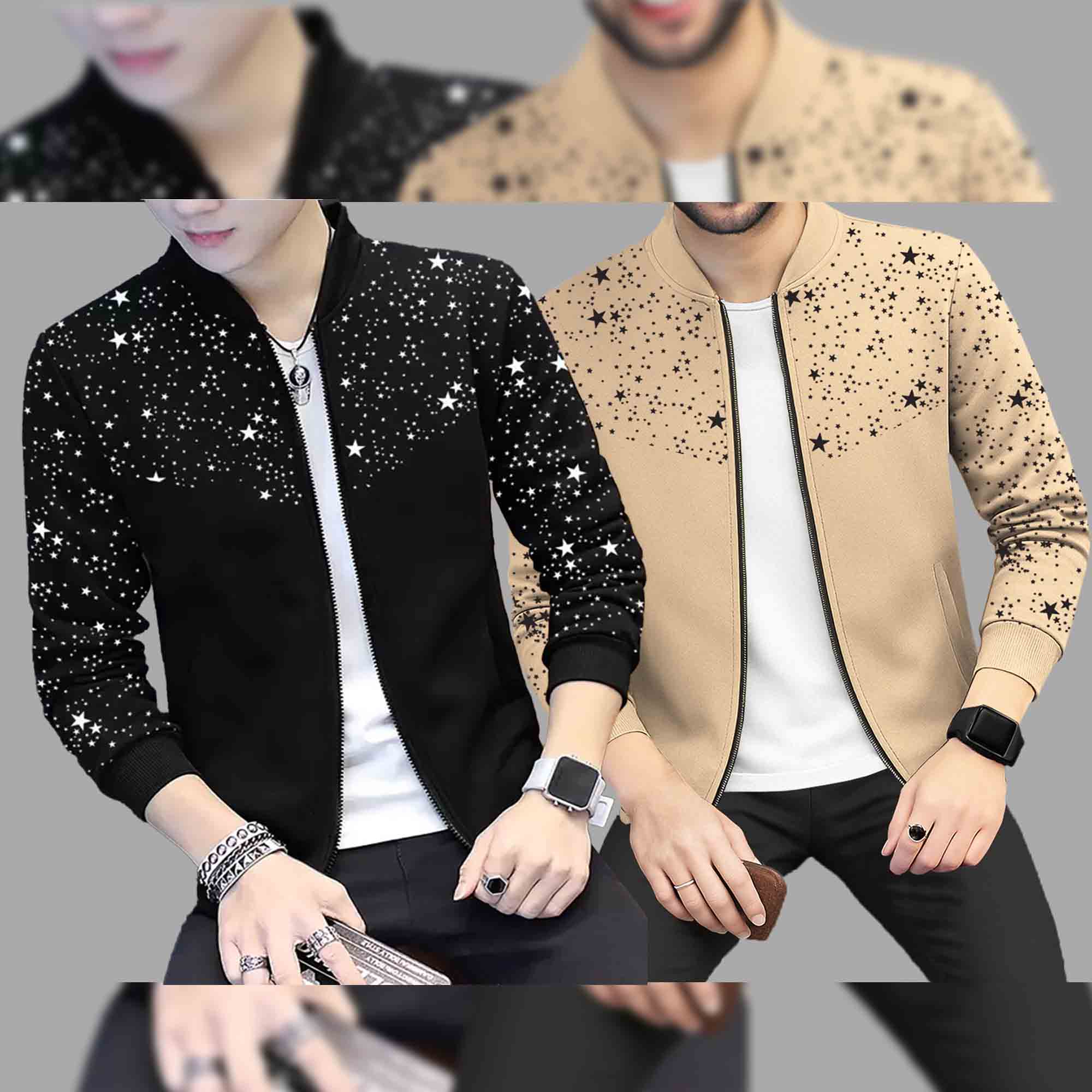 (Pack Of 2) Star Printed Round Neck Jacket Black & Beige