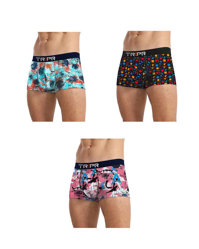 (Pack Of 3) Mens Multicolor Printed Trunks - 8 Variants