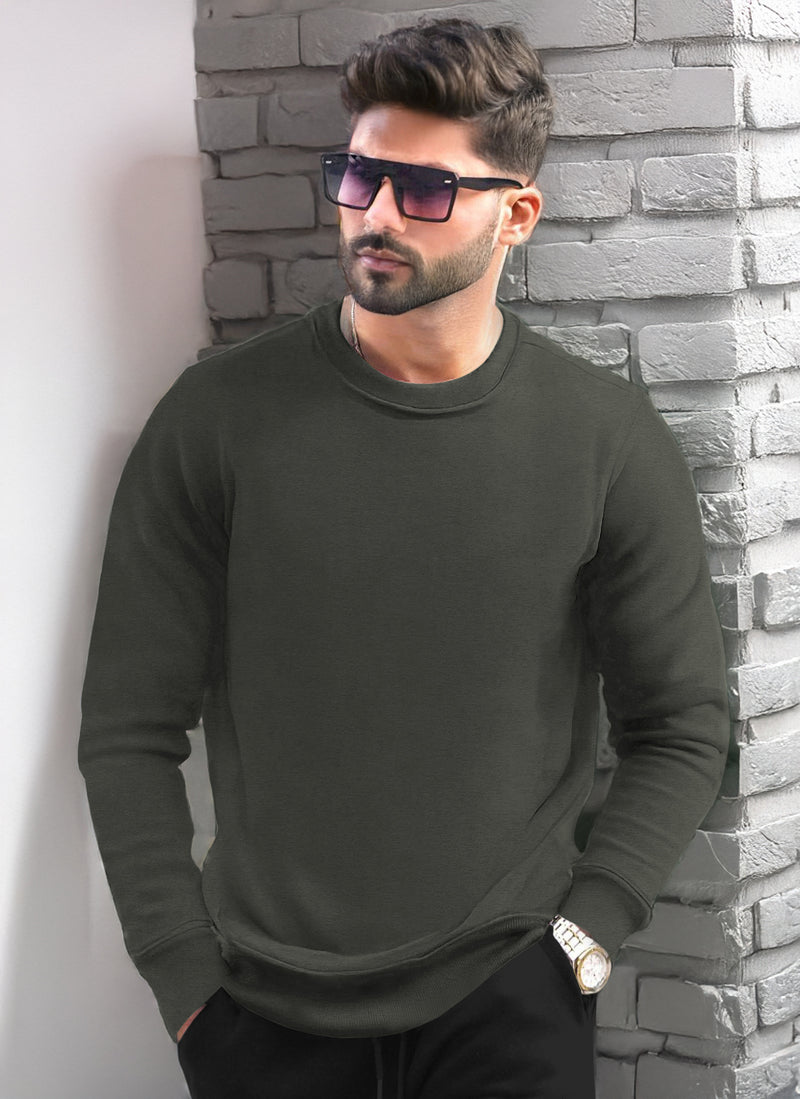 PLAIN OLIVE GREEN MEN REGULAR FIT CASUAL SWEATSHIRT