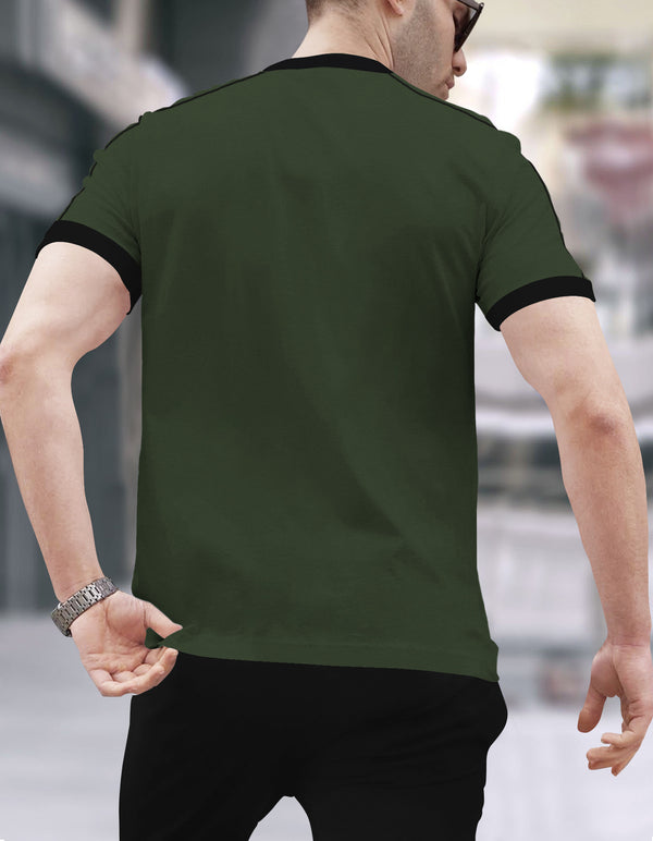 Men Round Neck Olive Green Black Piping T-Shirt