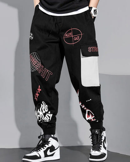 Model wearing multiple words printed cargo pant with sneakers 