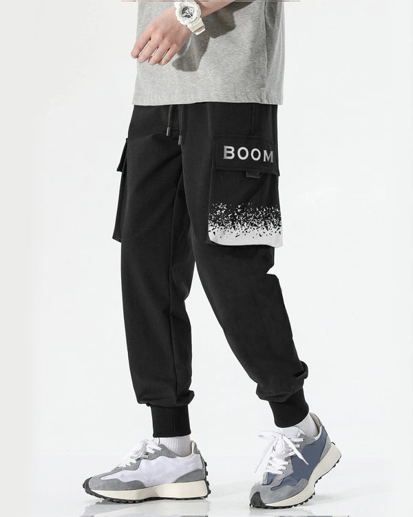 boom word printed cargo pant with large pockets for men front view
