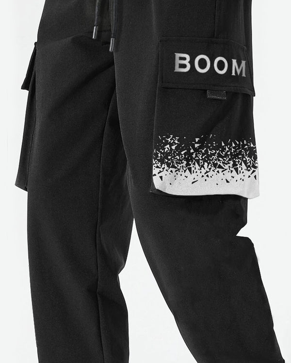 boom word printed cargo pant for men close view