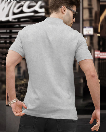 Men Plain Grey Zipper High Neck Half Sleeve T-shirt