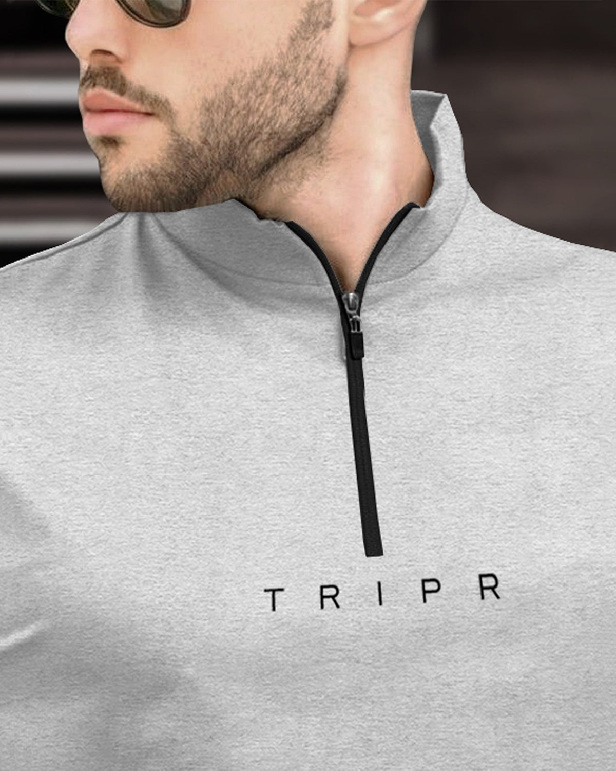 Men Plain Grey Zipper High Neck Half Sleeve T-shirt