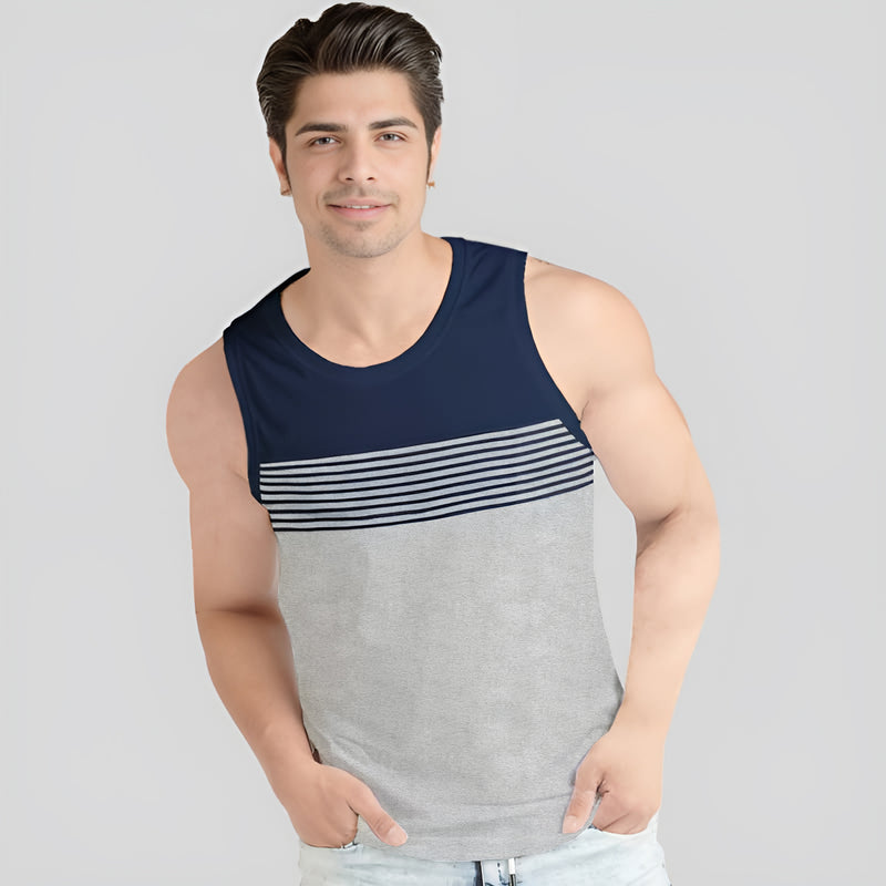 Men Navy White Melange Striped Vest