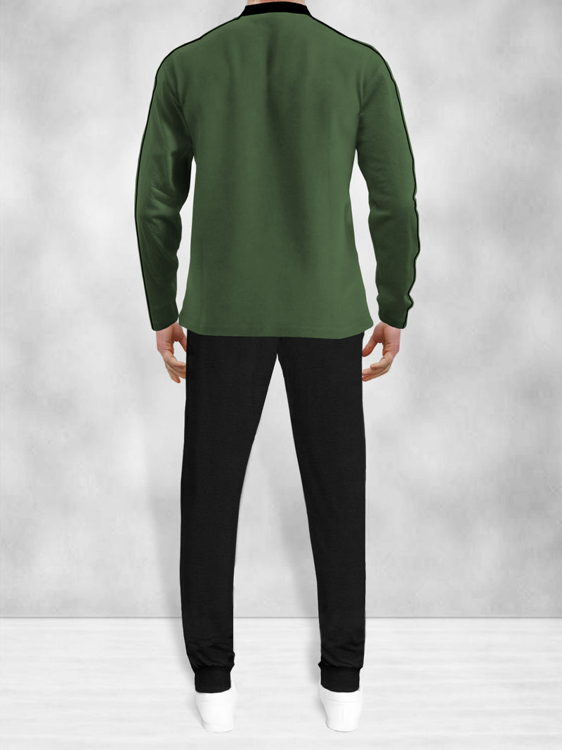 (Olivegreen & Black Tracksuit) Full Sleeve Henley Neck T-shirt with Jogger Pant