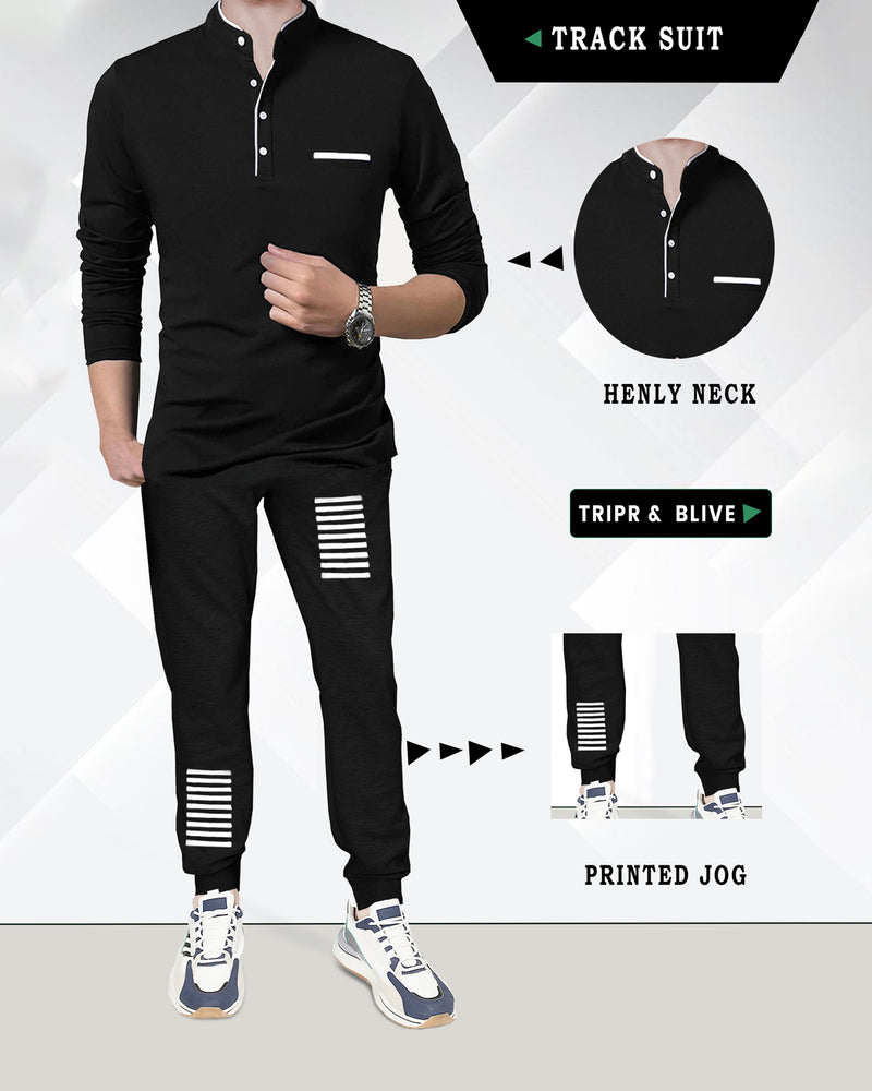 mens tracksuit - Henley Neck full sleeve tshirt and Black jogger