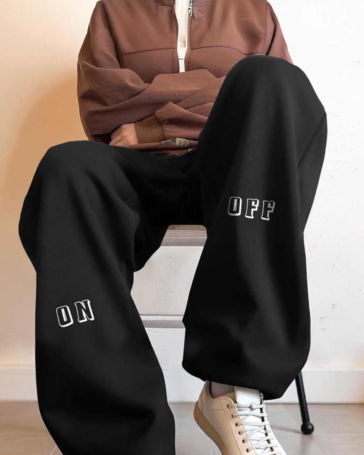 Men ON OFF Printed Loose Fit Trackpant Black